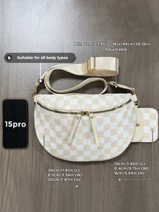 Checkerboard crossbody chest bag with adjustable strap and dimensions 30x8.5x20cm