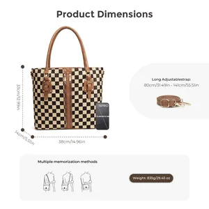 Brown checkered canvas tote bag dimensions and size reference with shoulder strap