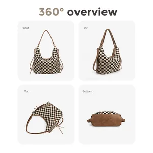 360-degree overview of black and white checkered canvas tote bag from multiple angles