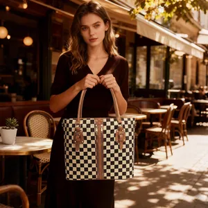 Classic checkered shoulder tote bag with brown leather straps and dual zipper details