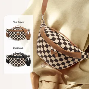 Fashionable checkerboard canvas sling bag for women with adjustable leather straps