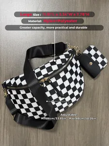 Detailed view of checkerboard fanny pack with matching coin purse and gold hardware