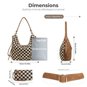 Checkerboard tote bag set with laptop sleeve and matching zipper pouch for travel