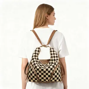 Women's checkerboard pattern backpack and shoulder bag with brown leather straps