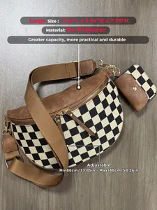 Detailed size specifications and material view of the checkered crossbody chest bag