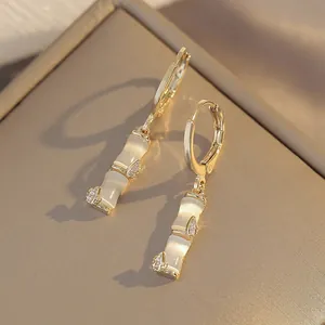 Vintage Bamboo Cats Eye Stone Dangle Hoop Earrings Gold Plated Copper Zirconia 925 Sterling Silver Post For Women Jewelry