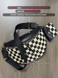 Close-up of checkerboard crossbody bag with a small earphone pouch and gold zippers