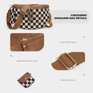 Retro checkered crossbody bag with detachable round coin purse and adjustable wide strap