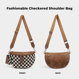 Front and back view of a checkerboard pattern chest bag with a detachable coin pouch