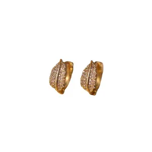 Sparkling gold leaf hoop earrings with micro-paved zircons and intricate vein details