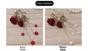 Detailed comparison of Basic and Rhinestone rose hair claws with pearl tassel chains