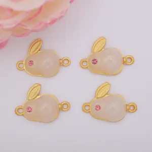 Set of four gold rabbit charms with white faux jade for DIY bracelet jewelry making