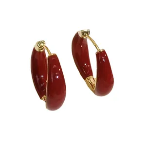 Elegant red enamel gold plated hoop earrings with S925 silver post for women
