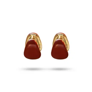 Retro gold plated oval hoop earrings with deep red enamel drops for a minimalist style