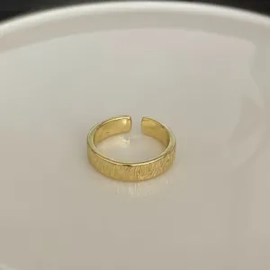 925 Sterlingsilber Offener Verstellbarer Ring Damen Minimalistische Rindentextur Vergoldet Unregelmäßiger Geometrischer Ring