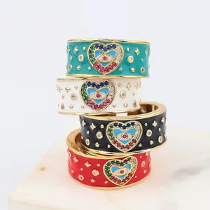 Anello Aperto Regolabile Cuore Malocchio Bohémien Vintage Per Donna Gioielli In Rame Placcato Oro Smalto Zirconia Colorata Regalo