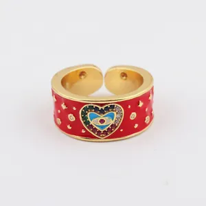 Anello regolabile Evil Eye in smalto rosso con zirconi multicolore e finitura dorata