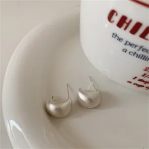 French vintage matte silver C-shape earrings with brushed metal finish in ceramic tray