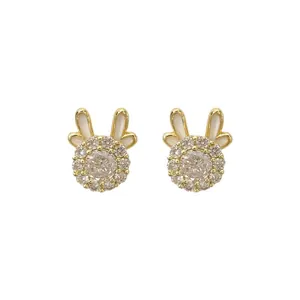 Elegant gold rabbit stud earrings with sparkling crystals and white enamel finish