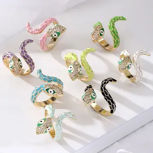 Punk Snake Open Ring With Drip Oil Enamel Inlaid Zircon Evil Eye Detail Gold Plated Adjustable Jewelry Finger Ring For Women