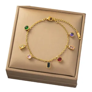 Gold plated stainless steel bracelet with multi-colored zircon square and round charms