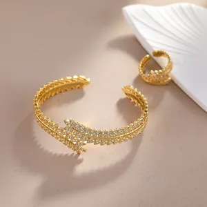 Luxury Titanium Steel Zirconia Wheat Ear Bracelet Ring Set Gold Silver Plated Open Adjustable Jewelry Set For Women