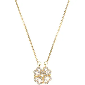 Collar de trébol dorado plegable con cristales brillantes y diseño de corazón a corazón
