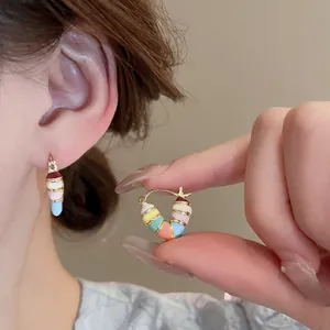 Rainbow heart drop oil hoop earrings in gold plated silver with colorful stripes