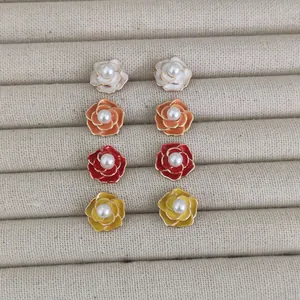 Camellia Flower Stud Earrings With 925 Sterling Silver Earring Post Enamel Artificial Pearl Vintage Elegant Jewelry For Women Gift