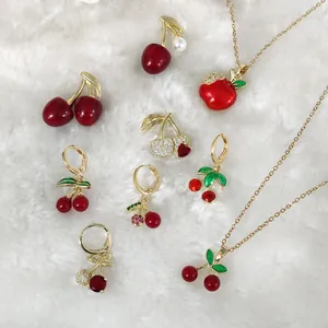 Fashion Sweet Cherry Apple Strawberry Fruit Jewelry Set Gold Plated Copper Enamel Zirconia Pendant Necklace Earrings Open Ring For Women