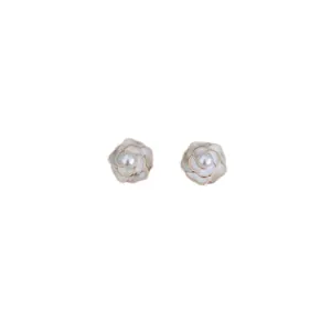 Elegant camellia S925 silver stud earrings with enamel petals and central pearl inlay