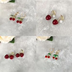 Süße Kirschfrucht Ohrhänger Vergoldet Kupfer Rot Emaille Erdbeere Ring Apfel Anhänger Halskette Schmuck Für Damen Mädchen