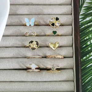 Gold Plated Copper Zirconia Heart Butterfly Open Adjustable Ring For Women Vintage Elegant Light Luxury Jewelry Gift