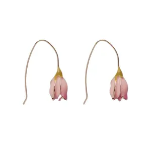 Sweet pink tulip bud drop earrings in vintage style with gold hooks for women