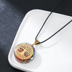 Tree Of Life Pendant Necklace Colorful Natural Stone Resin Chakra Energy Healing Jewelry With Black Rope Chain For Women Men