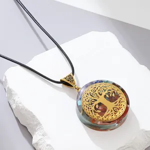 Natural tree of life pendant necklace with colorful stones in resin on stone stand