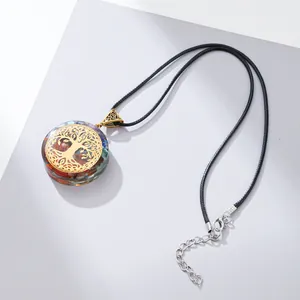 Tree of Life necklace with colorful natural stones in resin and black cord chain
