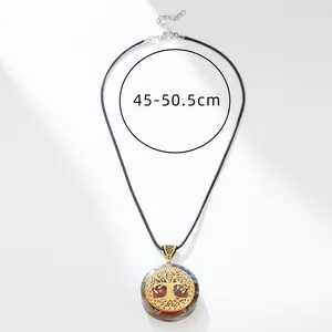 Handmade Tree of Life pendant necklace with colorful natural stones and black leather cord