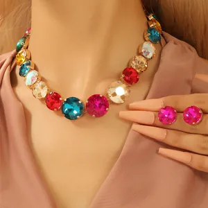 Set Gioielli Collana E Orecchini Con Cristalli Rotondi Multicolore Rame Placcato Oro Strass Colorati Accessorio Moda Festa Matrimonio