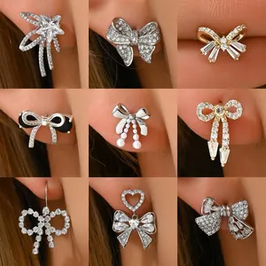 Korean Style Bowknot Stud Earrings Zircon Inlaid Copper Gold Silver Plated Stainless Steel Earring Post Elegant Women Fashion Jewelry