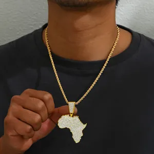 Collier hip hop pour hommes avec pendentif carte de l'Afrique et chaîne torsadée dorée