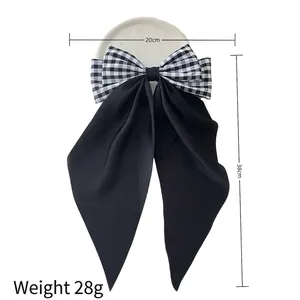 Classic black and white checkered bow hair clip with ribbons, 20x38cm size for women
