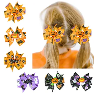 Halloween Kids Hair Bow Clips Polyester Grosgrain Ribbon Alloy Resin Pumpkin Bat Ghost Skull Pattern For Girls Pets Party