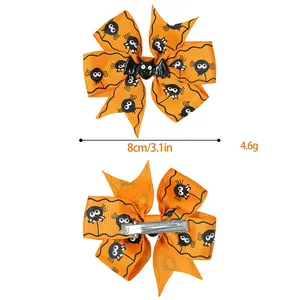 Halloween orange spider web bow hair clips with black bat and 3.1-inch metal duckbill clip