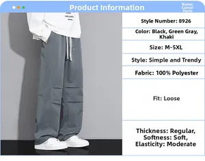 Detailed size chart and loose fit features of men's dark grey polyester casual cargo pants