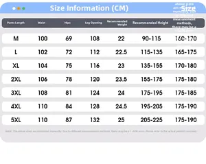 Detailed size guide table for men's cargo pants covering measurements from M to 5XL