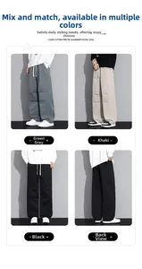 Vertical collage of mens cargo pants showing green-grey, khaki, and black color options