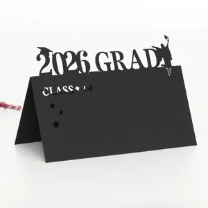 2026 Grad black hollow-out place card with silhouette for graduation table decor
