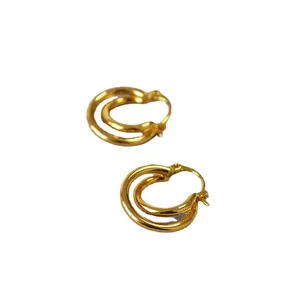 Minimalist double layered geometric gold plated brass hoop earrings for women style