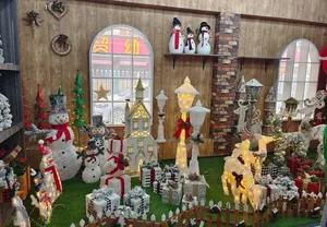 Detailed indoor holiday display featuring glowing snowmen and mini Christmas trees